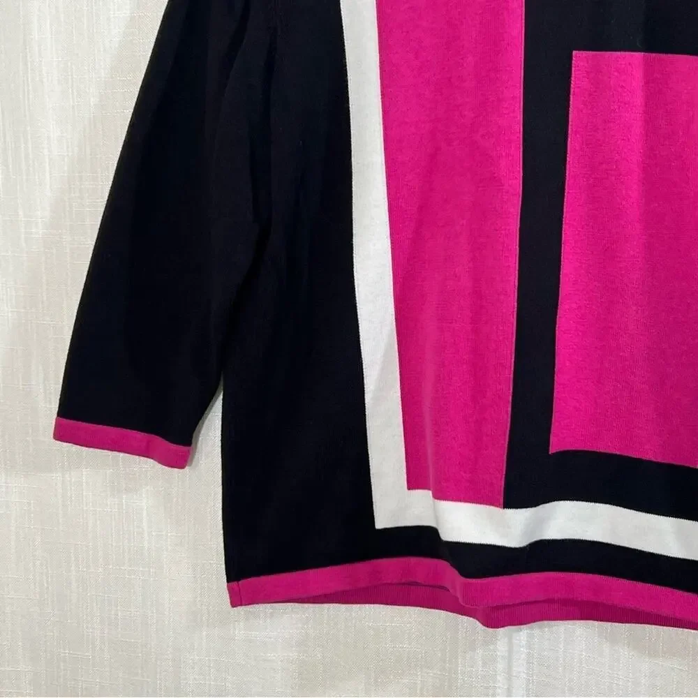 Alfred Dunner Abstract Color Block Pink Black White‎ Retro Knit Sweater Sz S